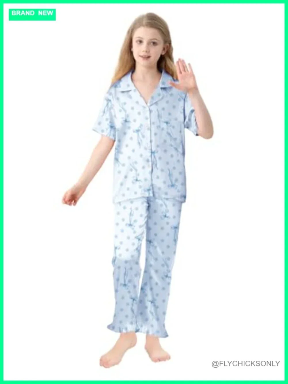 Girls 3 Piece Silk Satin Pajama Set Short Sleeve Ruffle Sleepwear Button Down
